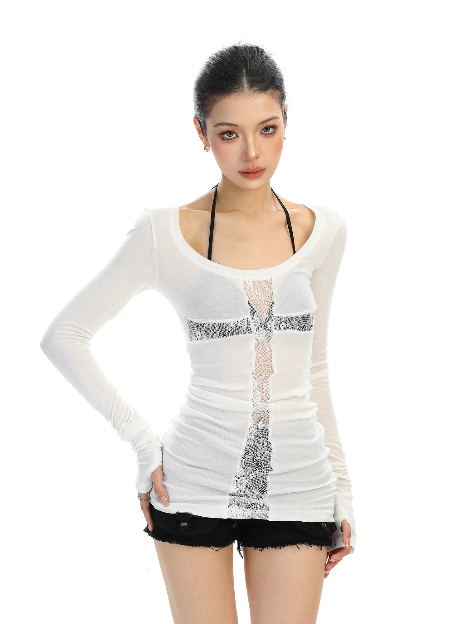 【26s Feb.】Lace Patchwork Cross Cut-Out Long-Sleeve Slim Fit Top