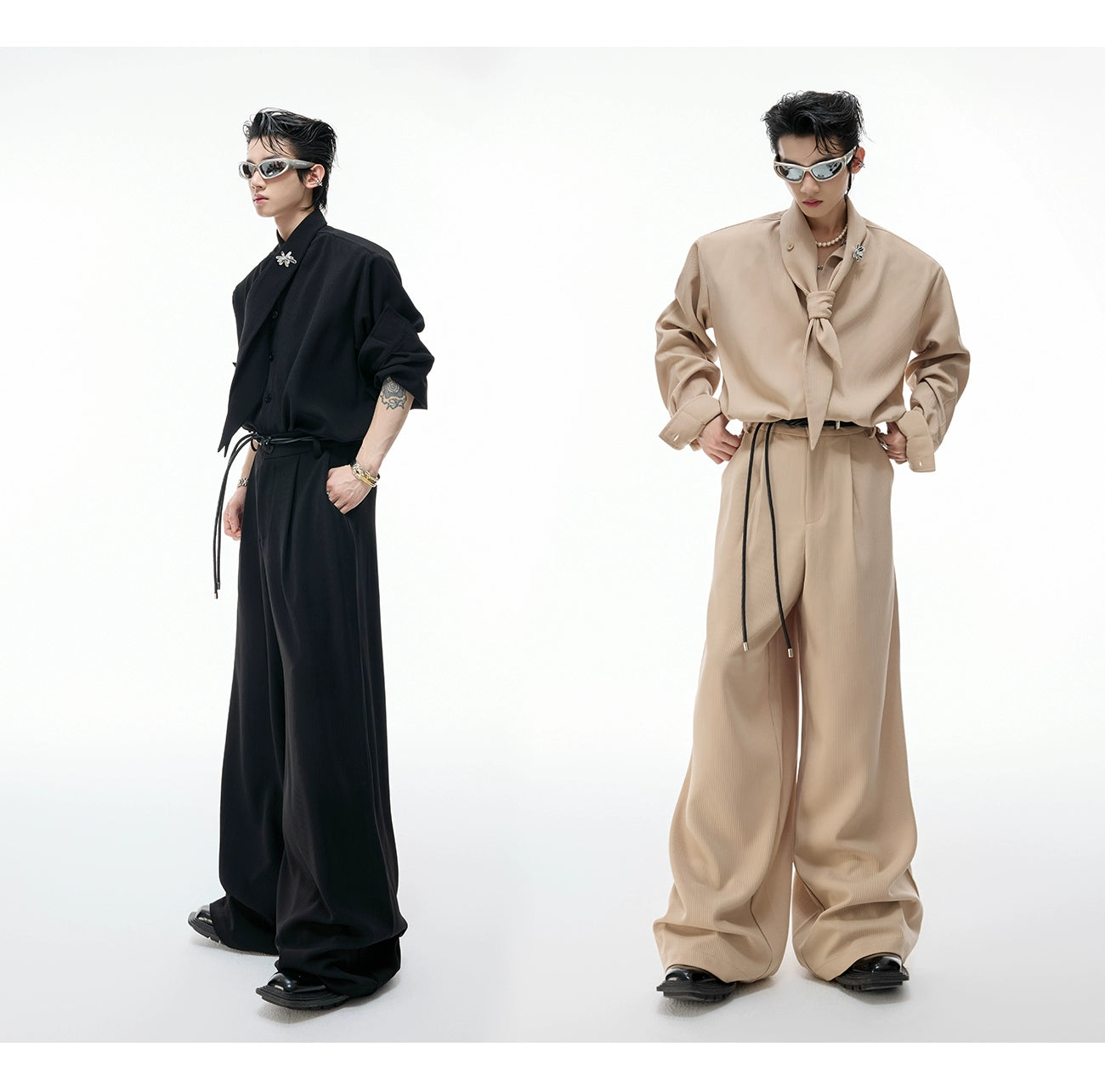 【25s Sep.】Scarf Shoulder Pad Shirt / Drape Wide-leg Pants