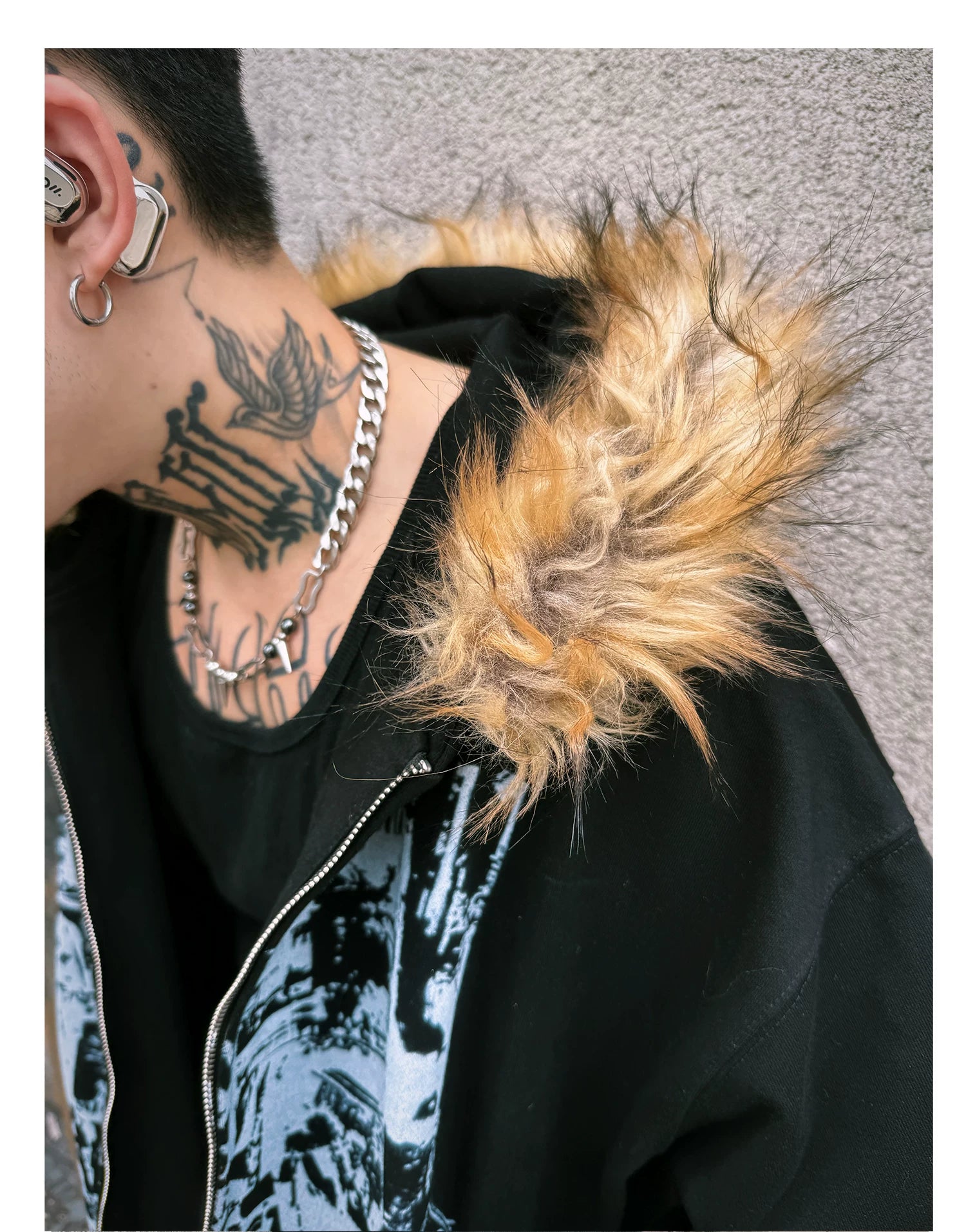 【26s Jan.】Vintage Printed Fur-Trim Zip-Up Hoodie Jacket