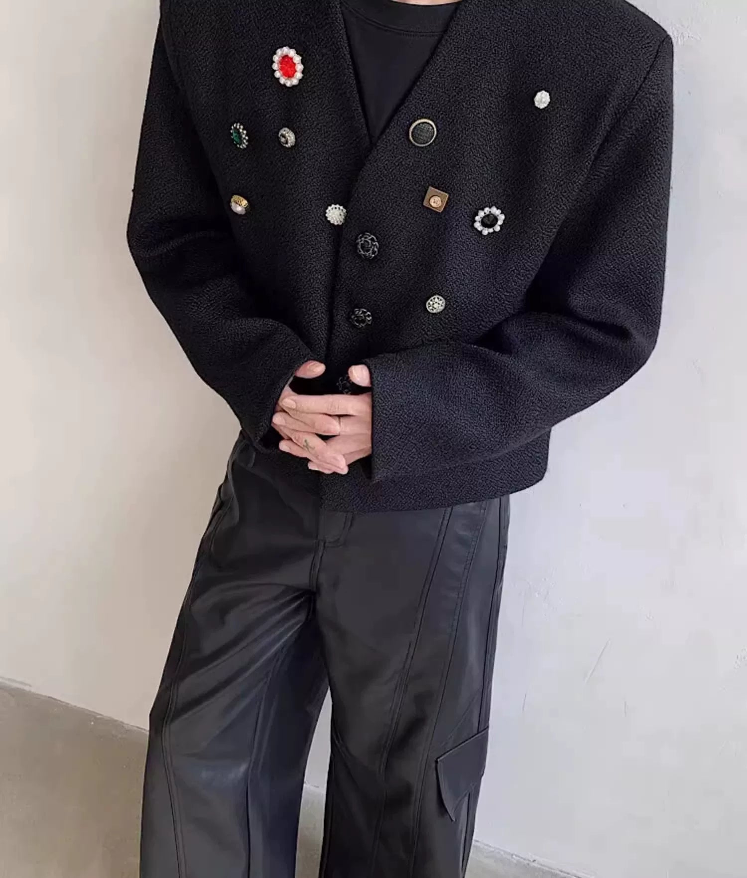 Black Collarless Button-Detail Cropped Jacket