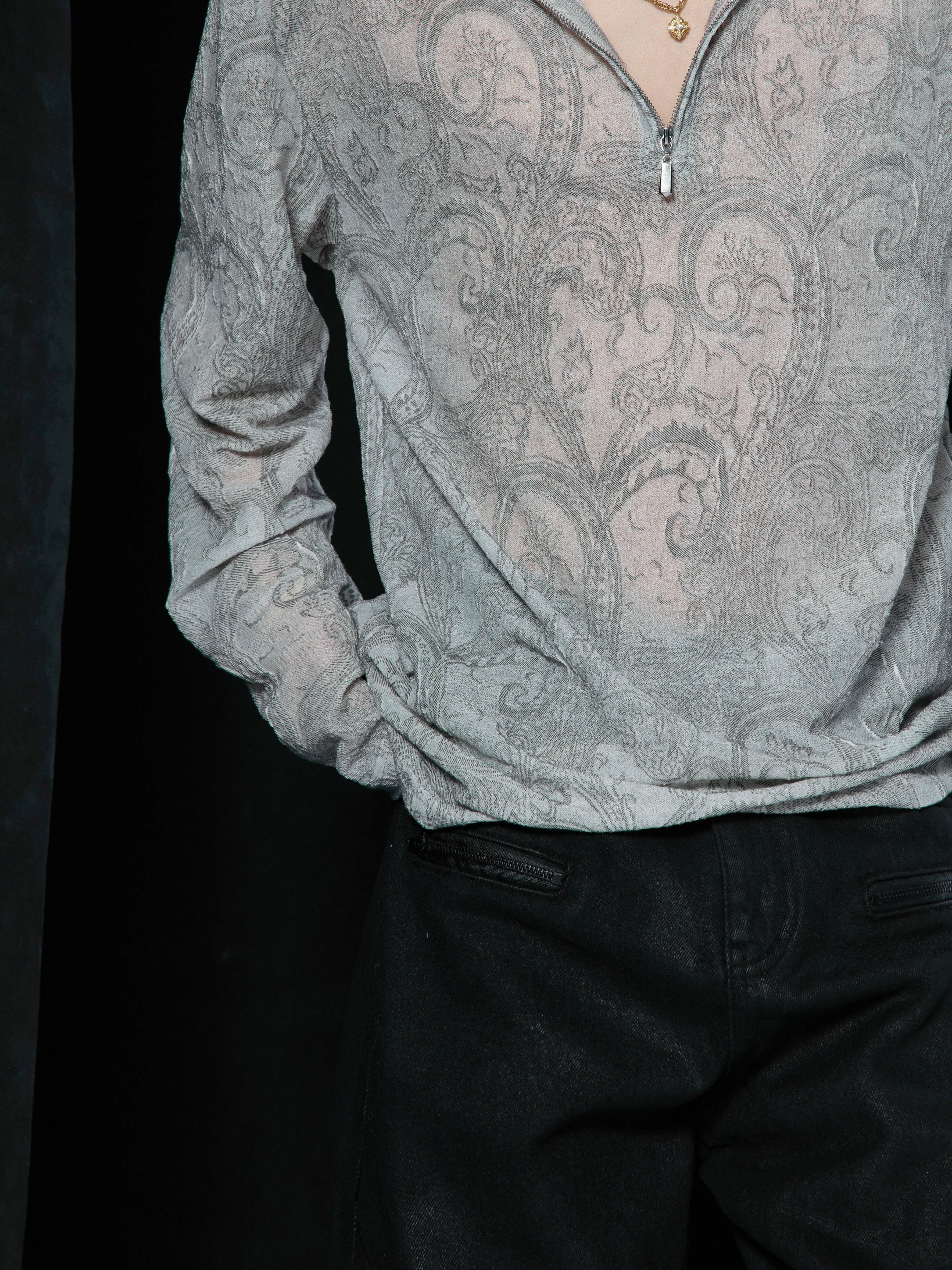 Paisley Totem Half-Zip Floral Mesh Long Sleeve Top