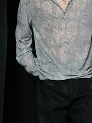 Paisley Totem Half-Zip Floral Mesh Long Sleeve Top