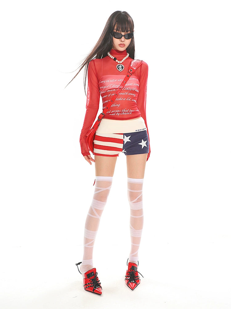 【25s Jul.】See-through Mesh Letter Print Long Sleeve Top
