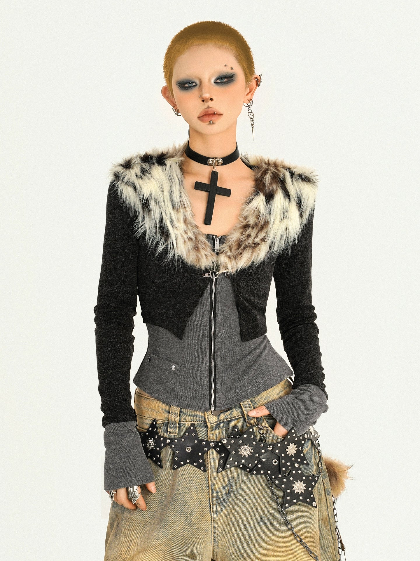 【25s Oct.】Hot Girl Leopard Print Fur Collar Knit Cardigan