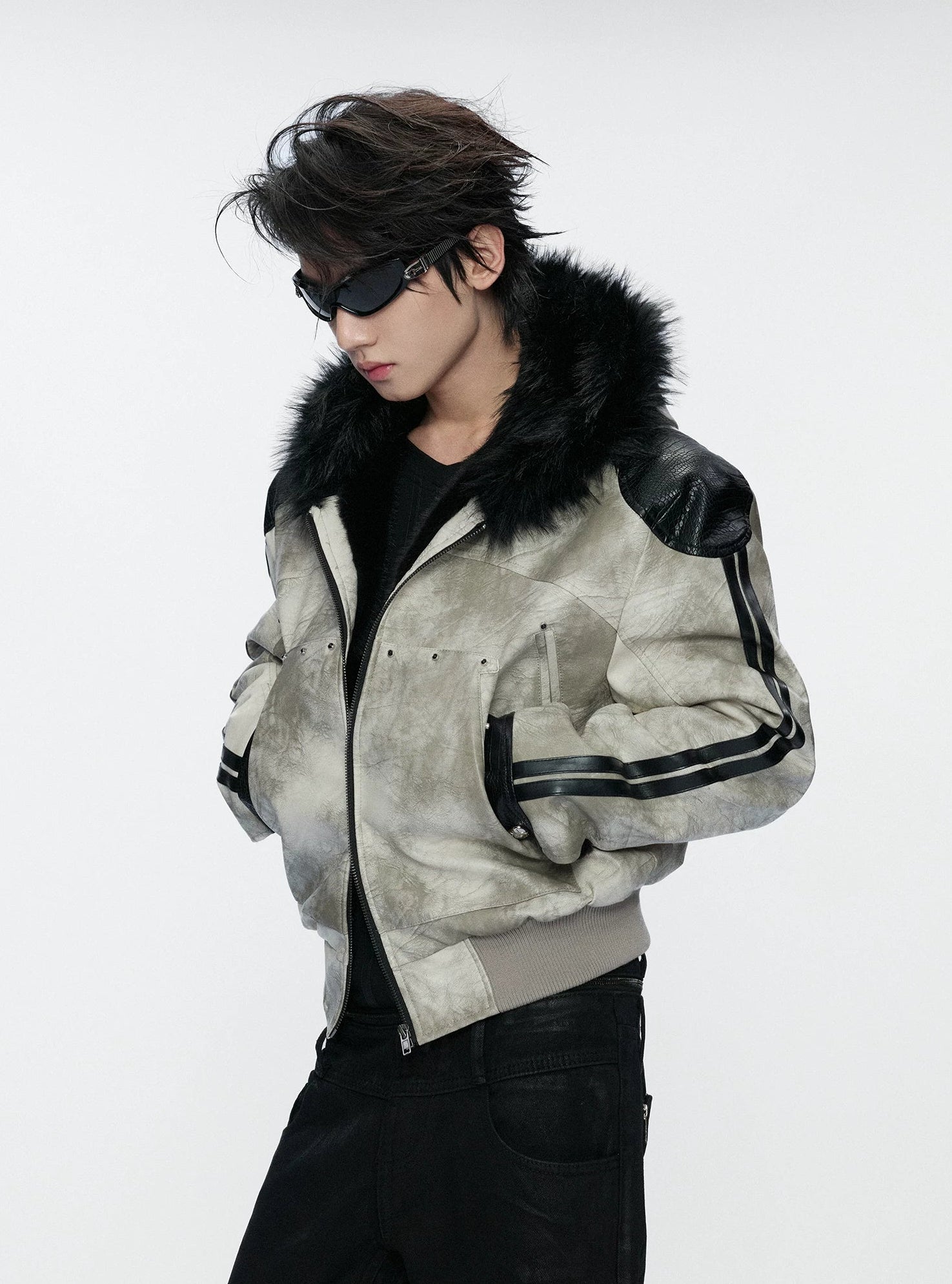 Vintage Snake-Panel Hooded Fur Jacket