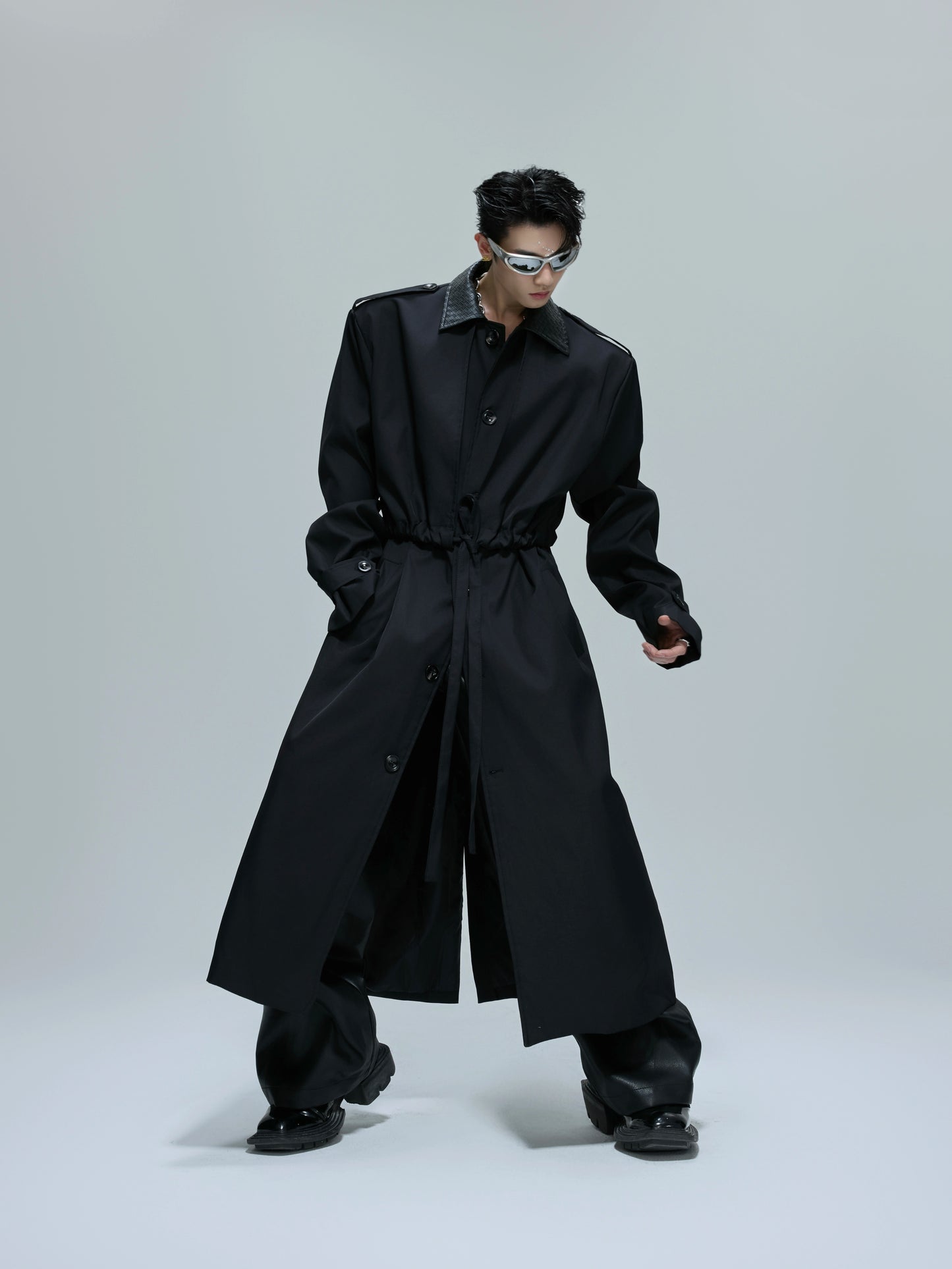 【25s Nov.】Long Patchwork Leather Casual Trench Coat