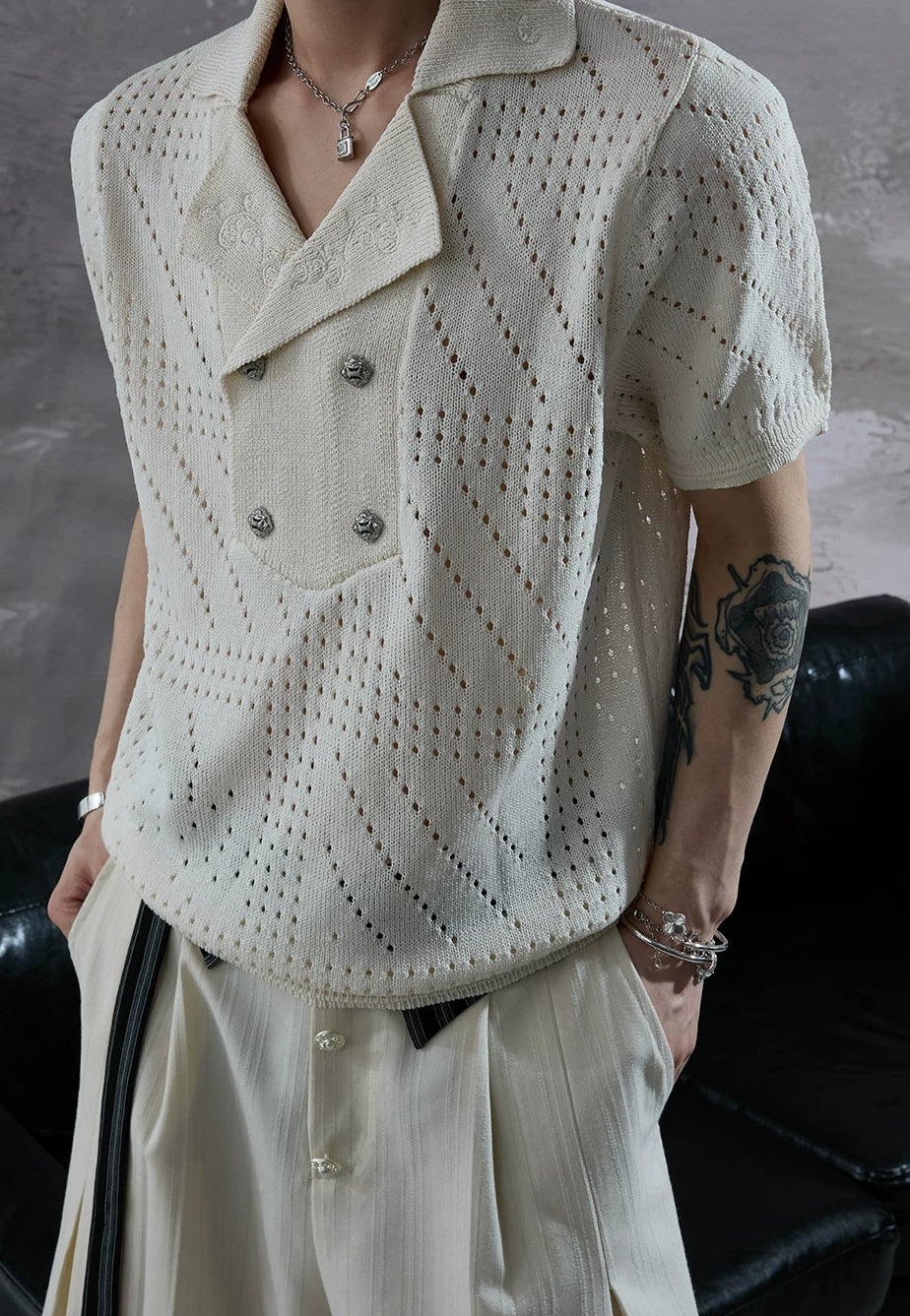 Openwork Embroidered Knit Polo Tee