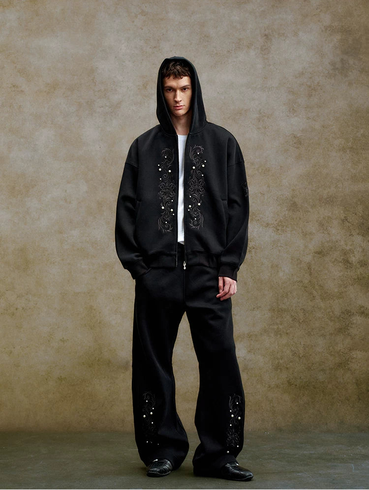Vintage Embroidered Pearl Zip Hoodie
