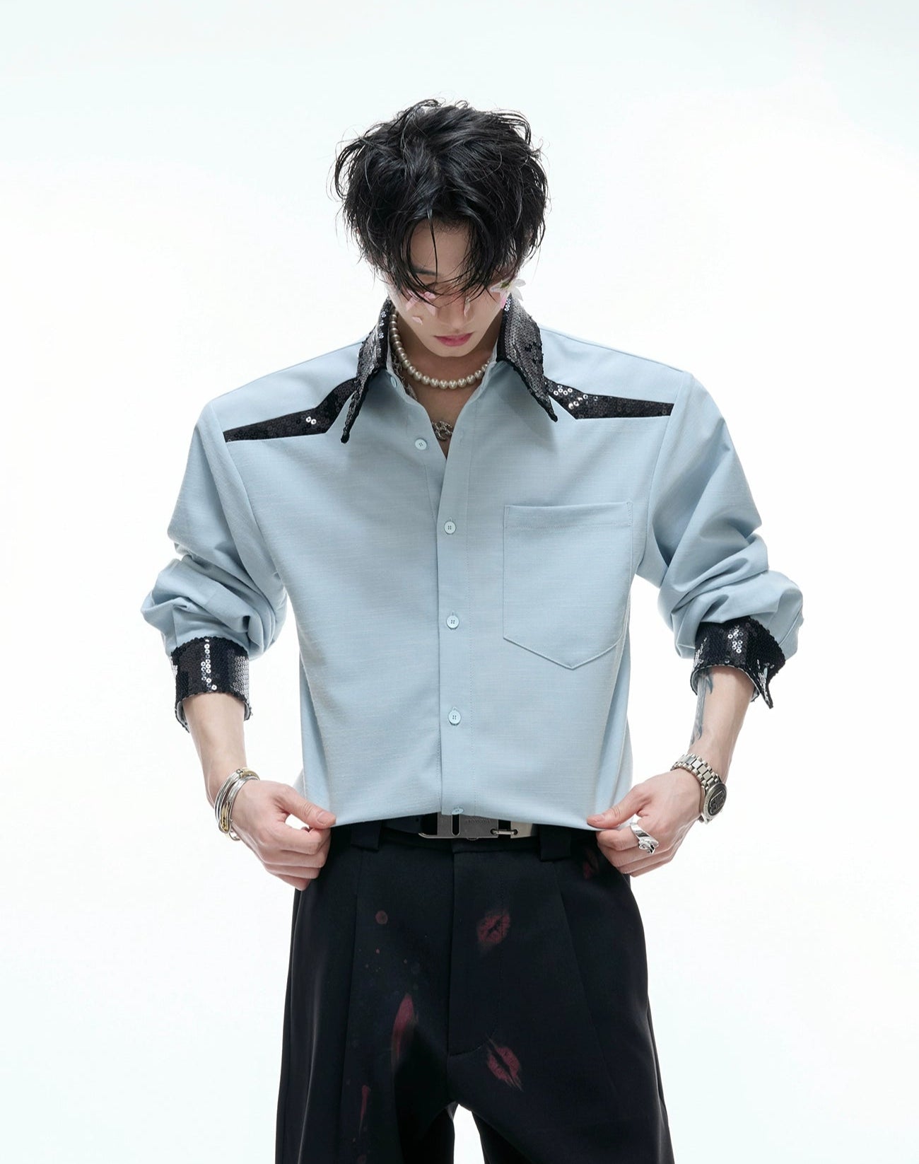 【25s Aug.】Sequined Contrast Lapel Shirt
