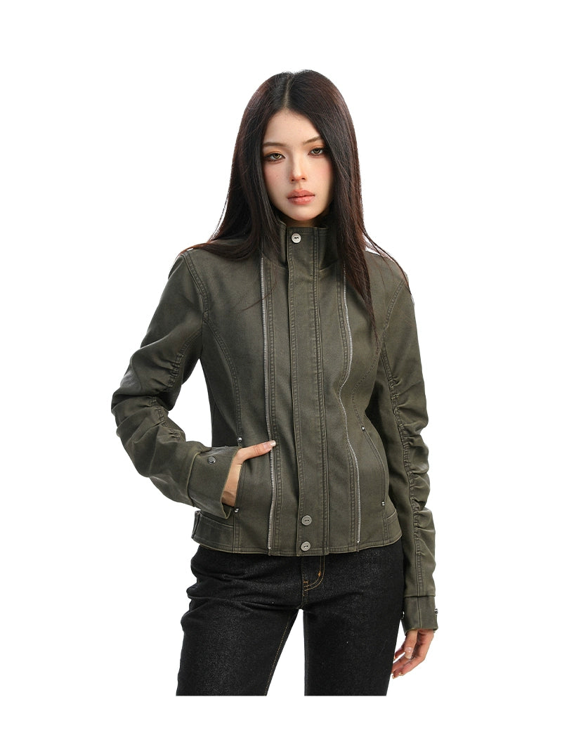 【25s Dec.】Washed Distressed Stand-up Collar Deconstructed Leather Jacket