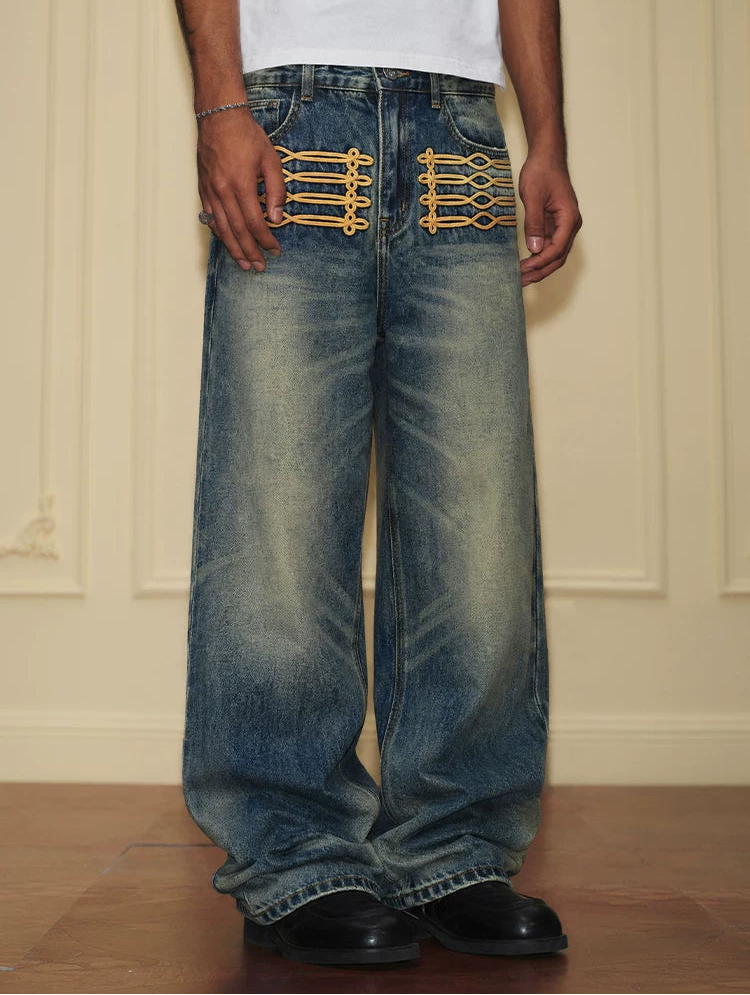 Royal Embroidered Washed Wide-Leg Jeans