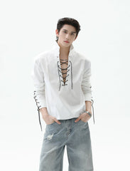 【25s Sep.】Deep V-neck Solid Color Tie-string Shirt