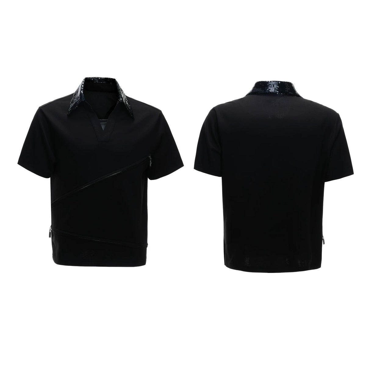 Asymmetric Zip Sequin Polo Tee