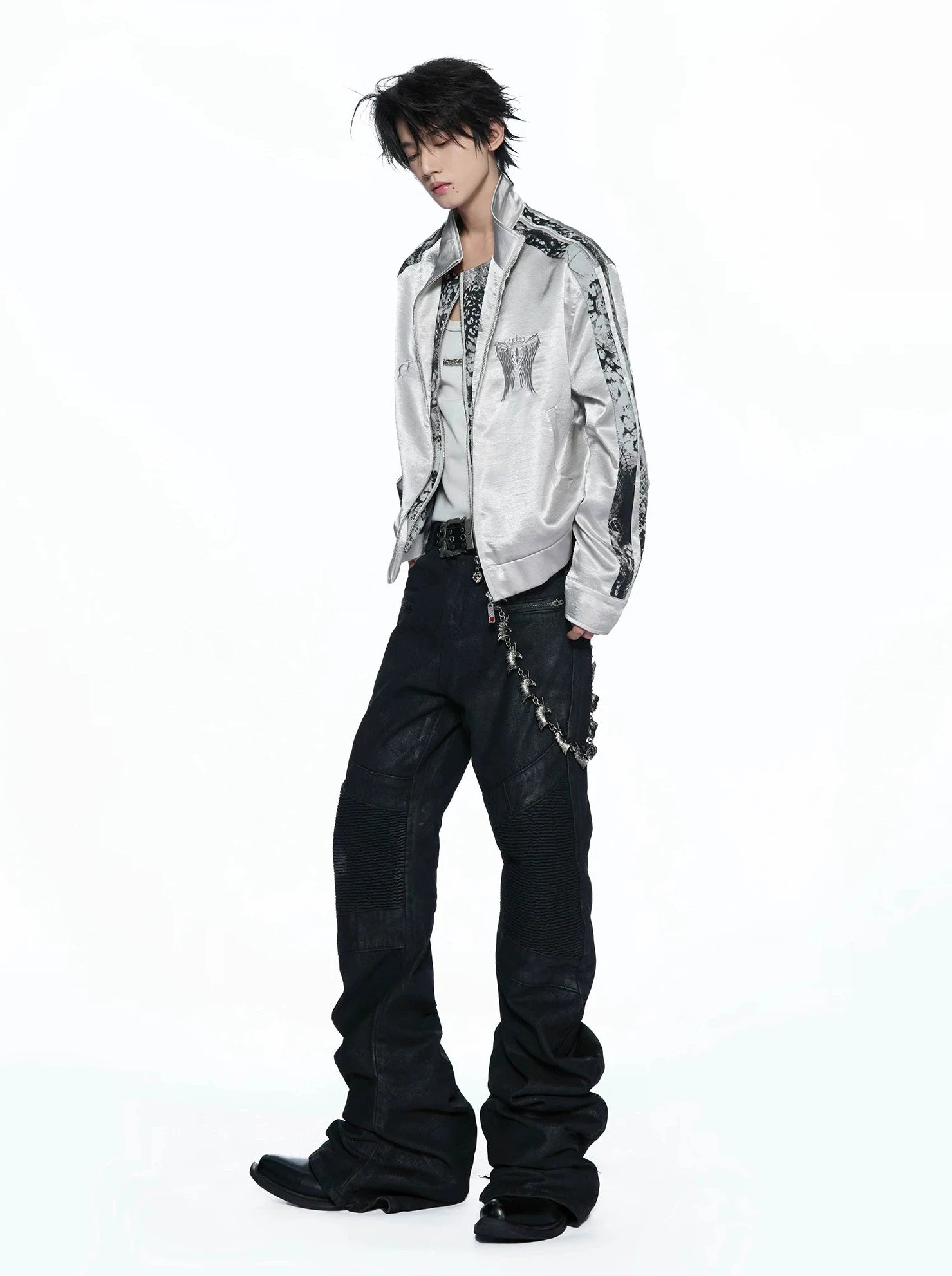 Broken Wing Satin Snake-Patterned Layered Stand Collar Jacket