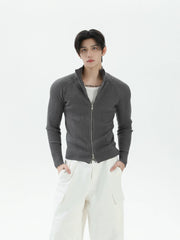 【26s Jan.】Slim-Fit Ribbed Stand Collar Double-Zip Knit Cardigan