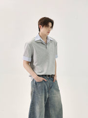 【25s Aug.】Patchwork Striped POLO Collar Shirt T-Shirt