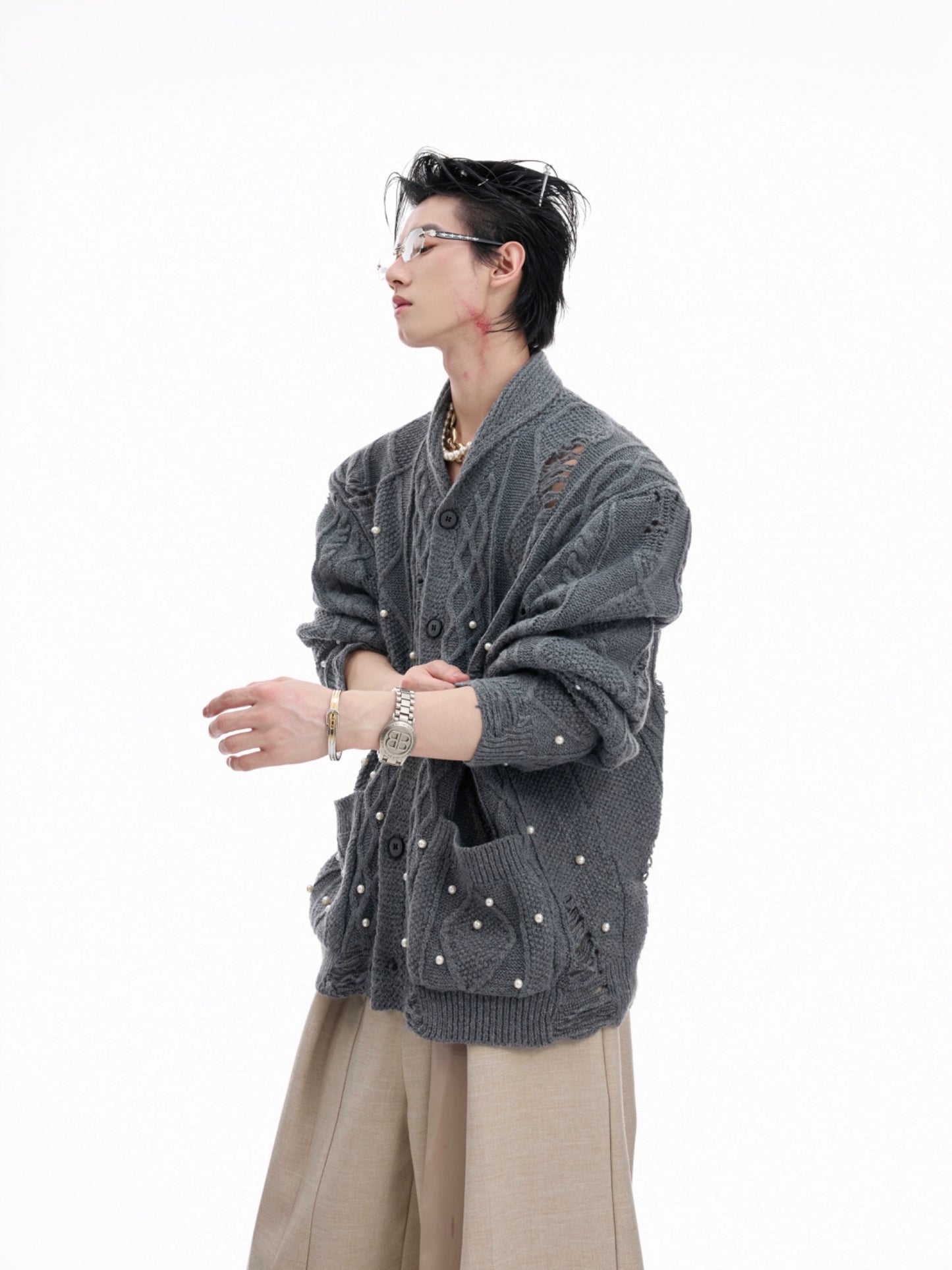 【25s Aug.】Pearl Detail Knit Hollow-Out Cardigan