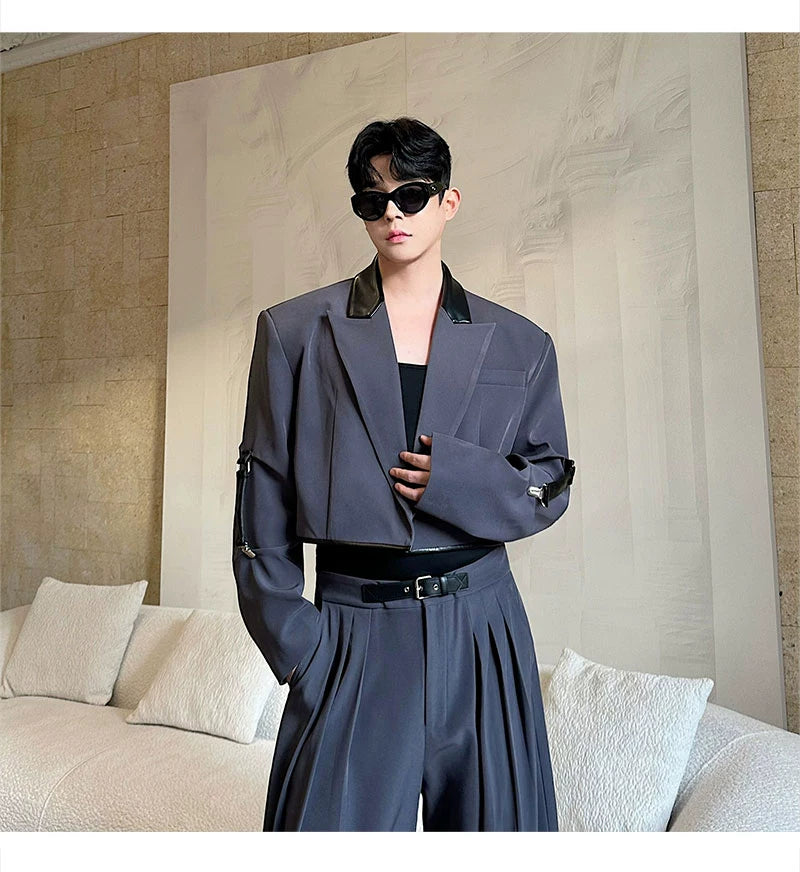 【26s Apr.】Color-Block Faux Leather Blazer & Wide-Leg Pants Set