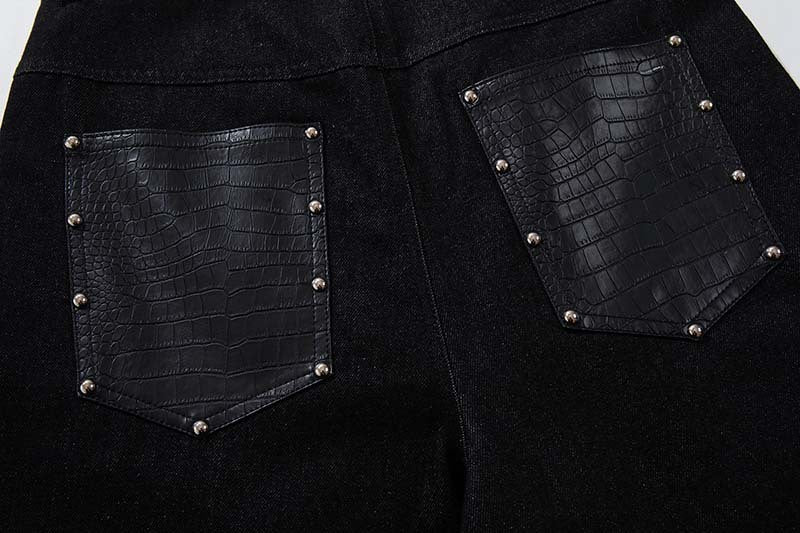 Studded Patchwork Washed Wide-Leg Denim Pants