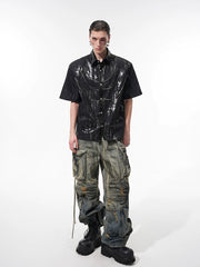 【25s May.】Metallic Coated Shoulder Pad Short Sleeve Shirt