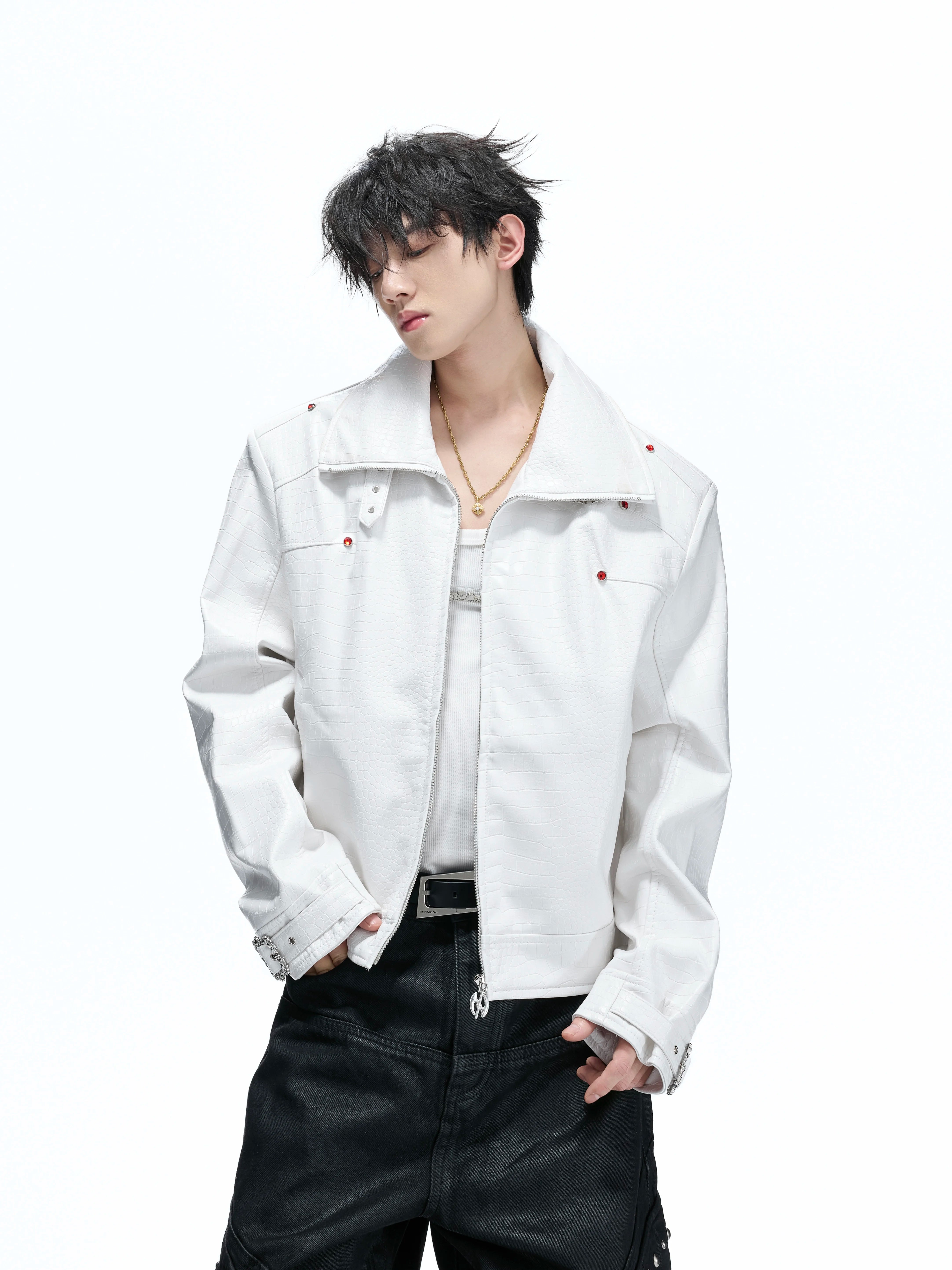 Crocodile Texture Stand Collar Jacket