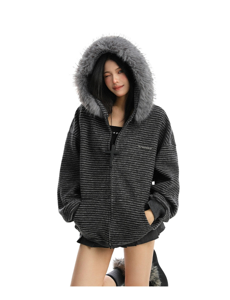 【25s Nov.】Striped Detachable Fur Collar Hooded Sweatshirt