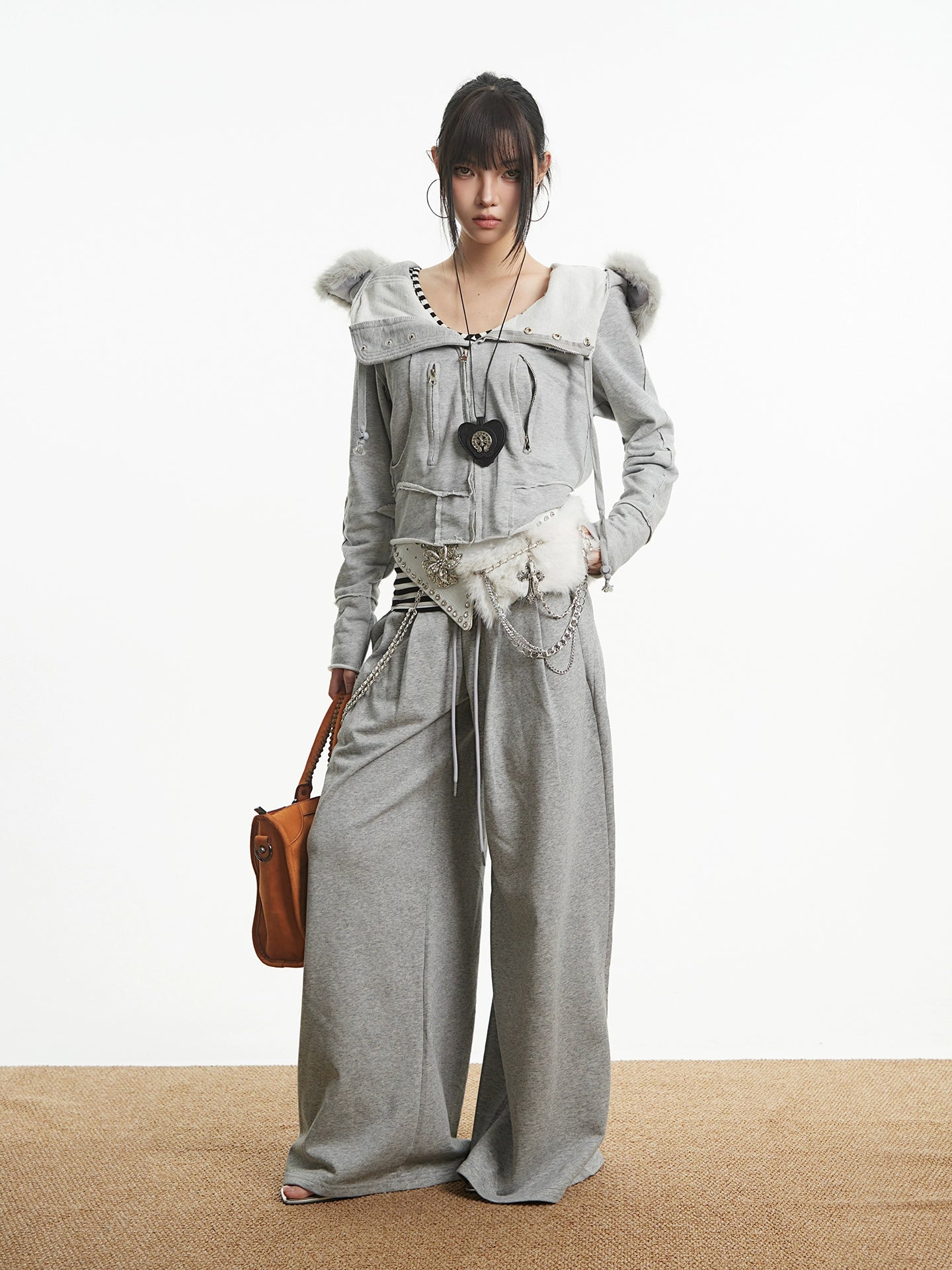 【25s Oct.】Vintage Grey Fur Collar Hooded Sweatshirt