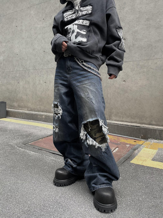 【25s Mar.】Street Retro Patchwork Ripped Camouflage Jeans