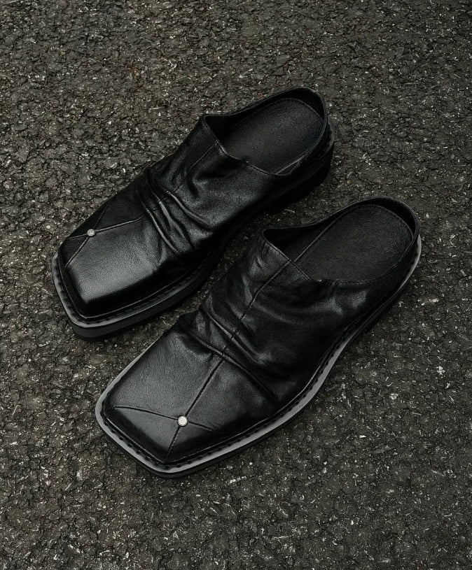 Dark Chunky Square-Toe Derby Mule Shoes