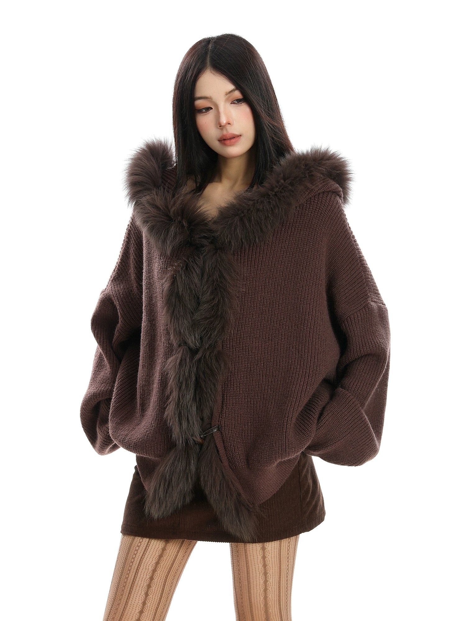 【25s Nov.】Large Fur Collar Patchwork Hooded Knit Sweater
