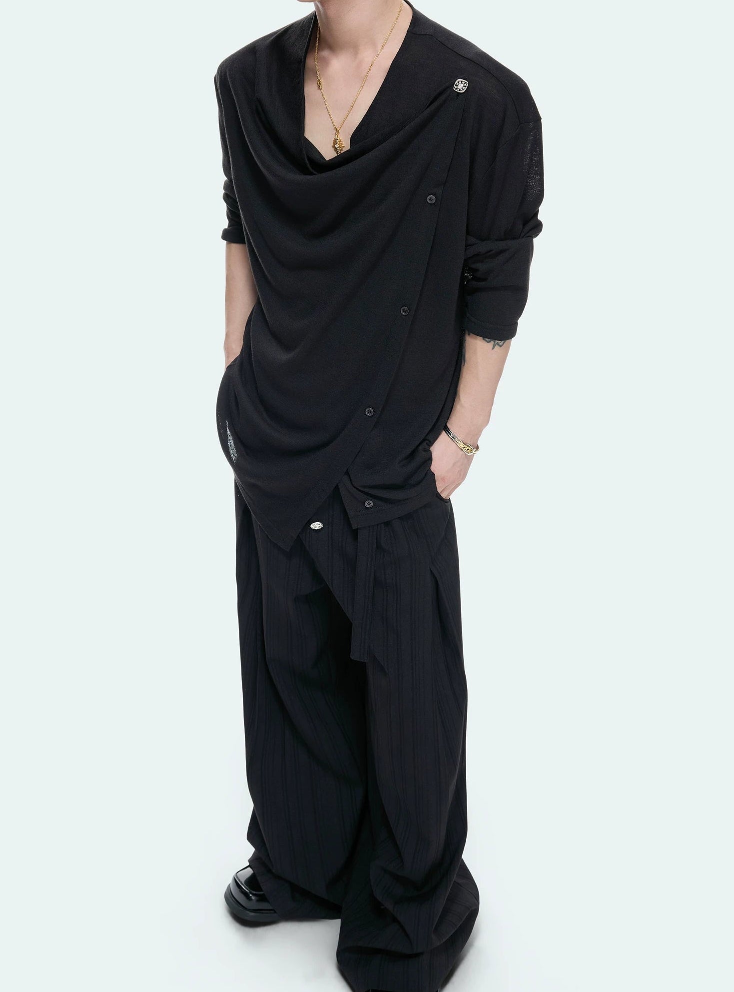 Textured Asymmetric Button Long Sleeve Top