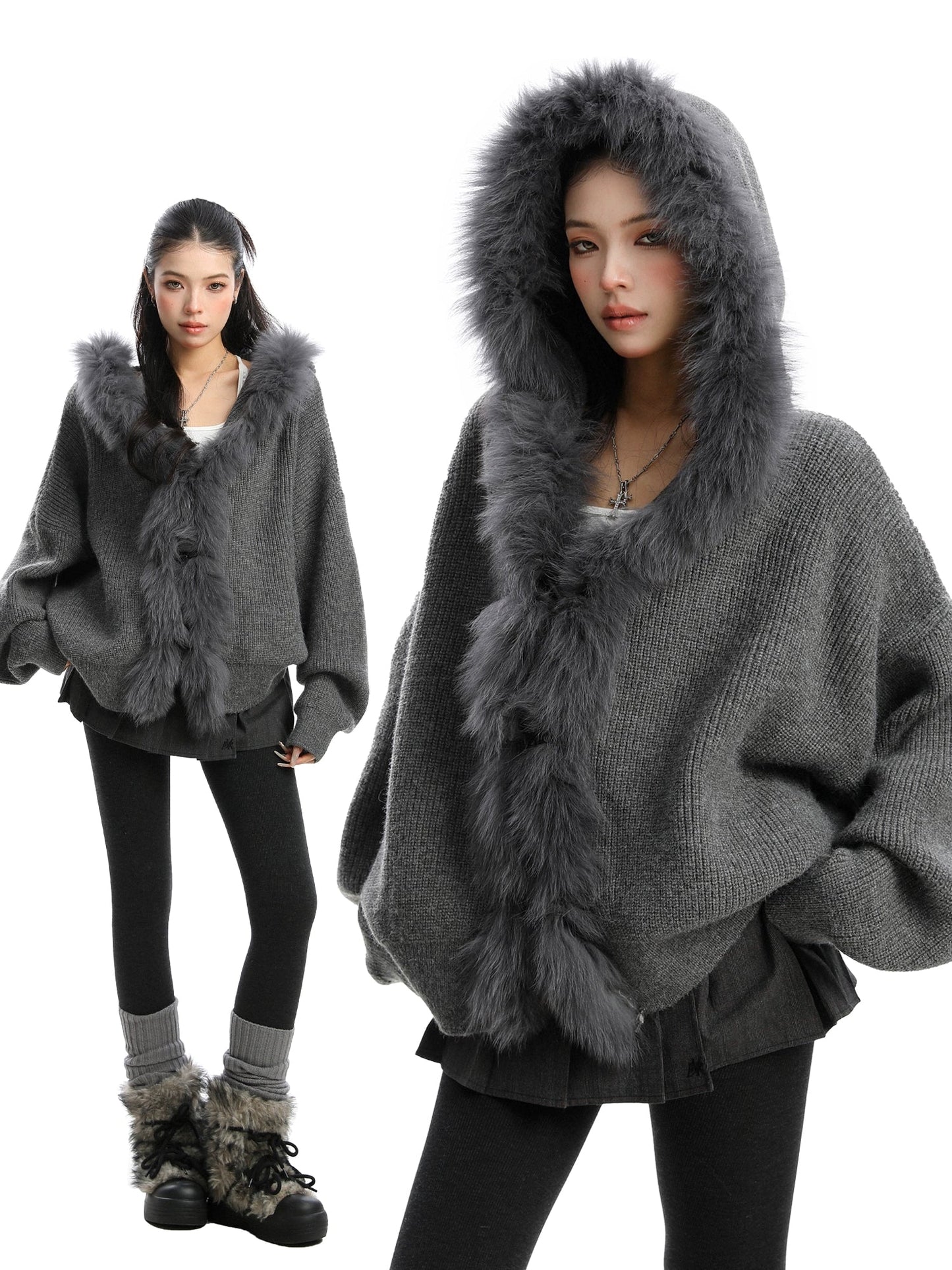 【25s Nov.】Large Fur Collar Hooded Cardigan