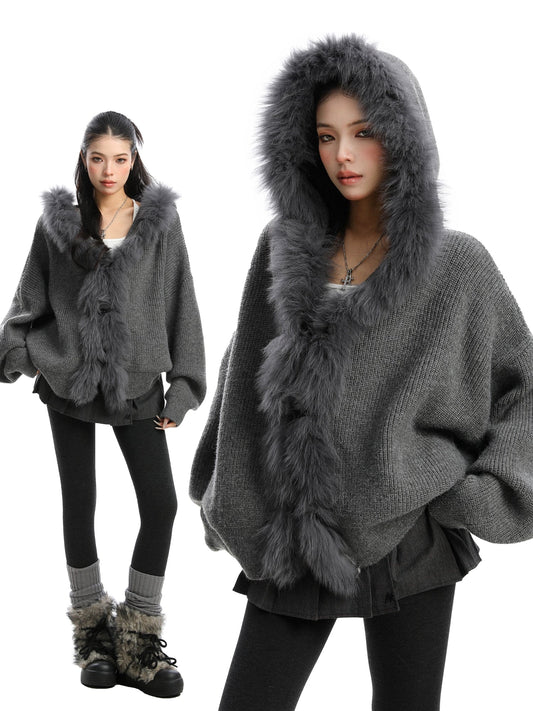 【25s Nov.】Large Fur Collar Hooded Cardigan