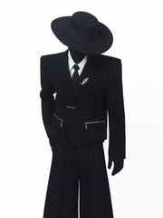 【26s May.】Cropped Metal Brooch Shoulder Blazer + Pants