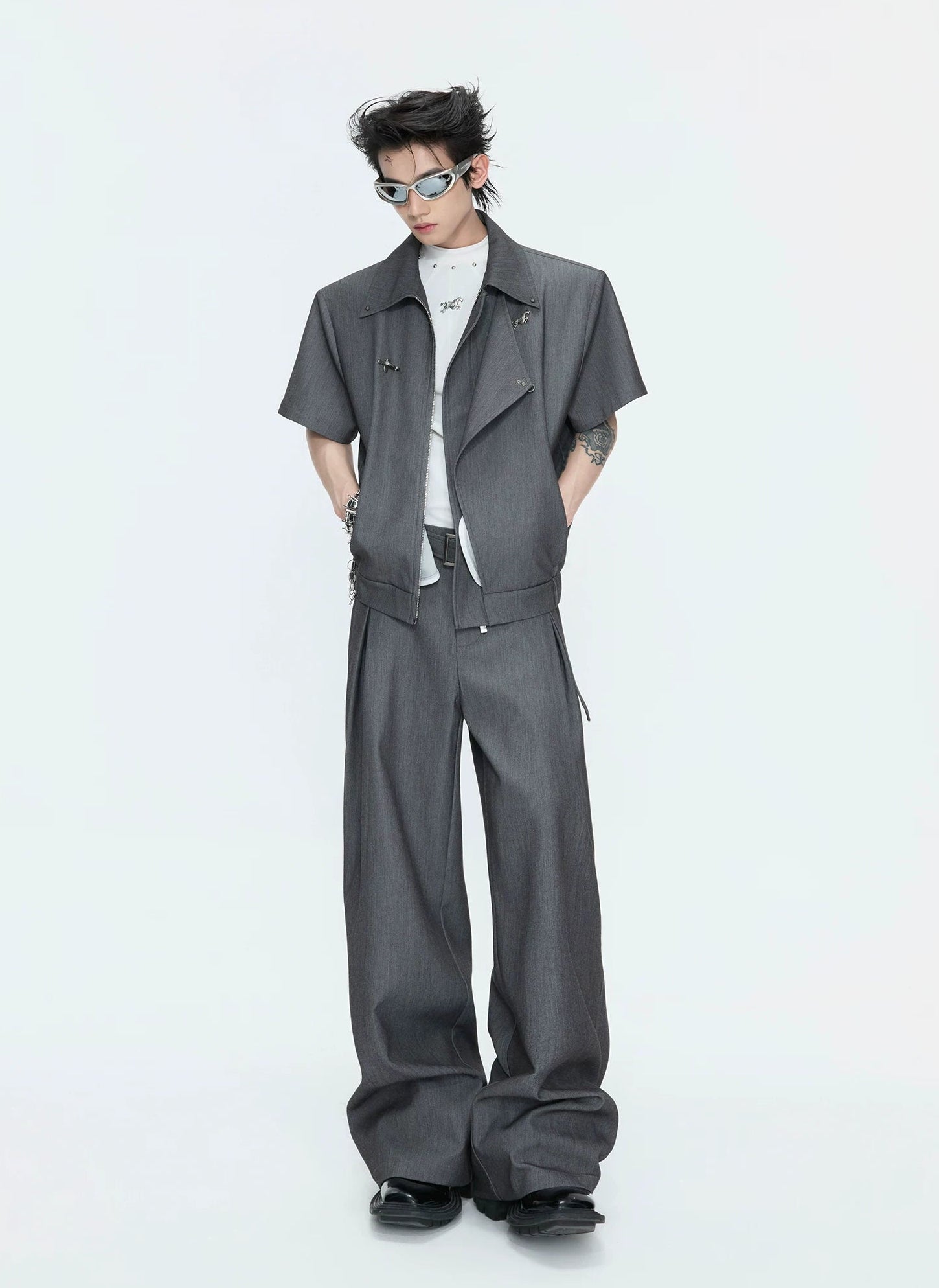 【26s May】Asymmetric Layered Cropped Shoulder Jacket Set