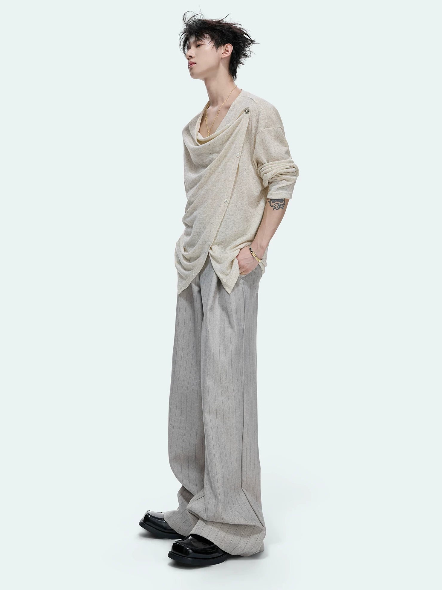 Textured Asymmetric Button Long Sleeve Top
