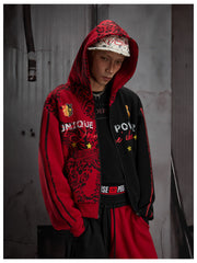 Black Red Contrast Graphic Hoodie