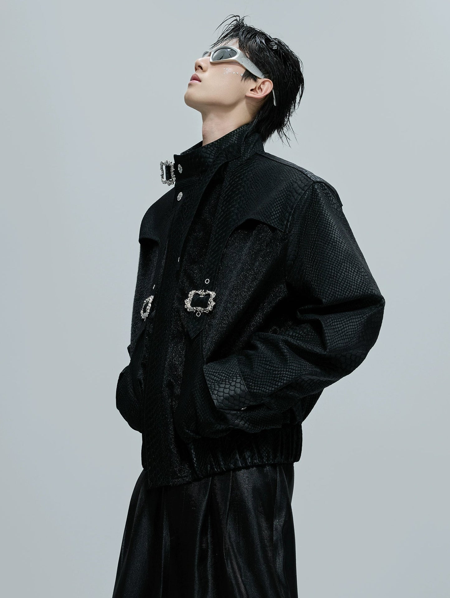 【25s Nov.】Crocodile-print Scale Cropped Leather Jacket