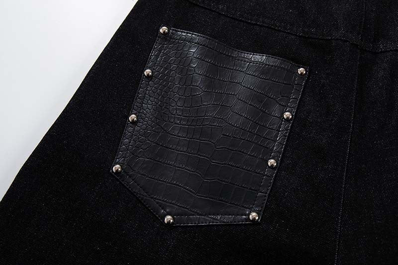 Studded Patchwork Washed Wide-Leg Denim Pants