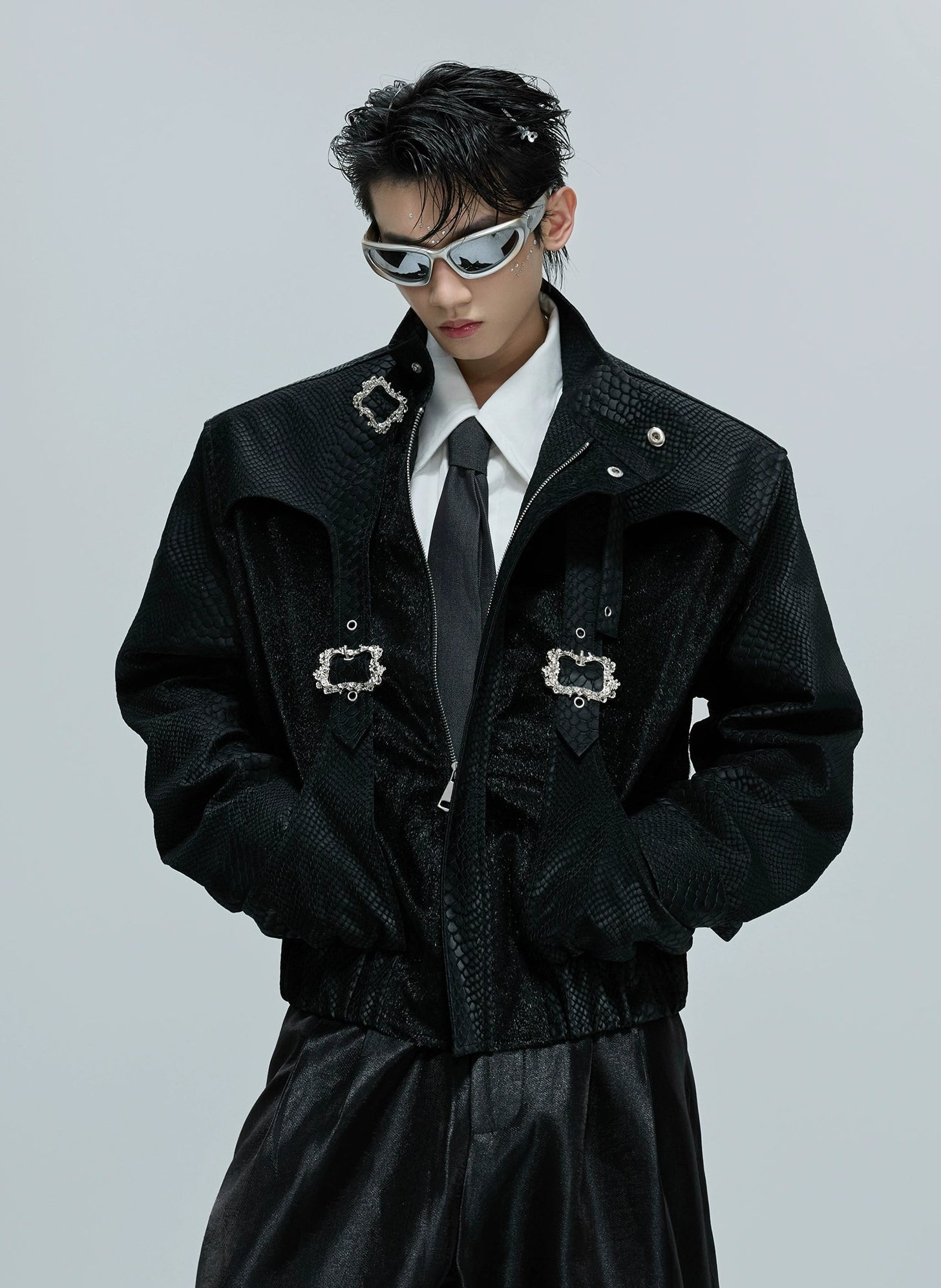 【25s Nov.】Crocodile-print Scale Cropped Leather Jacket