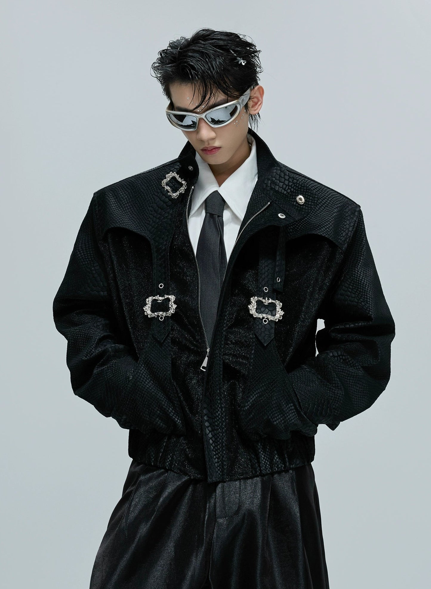 【25s Nov.】Crocodile-print Scale Cropped Leather Jacket