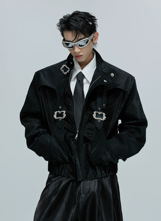 【25s Nov.】Crocodile-print Scale Cropped Leather Jacket