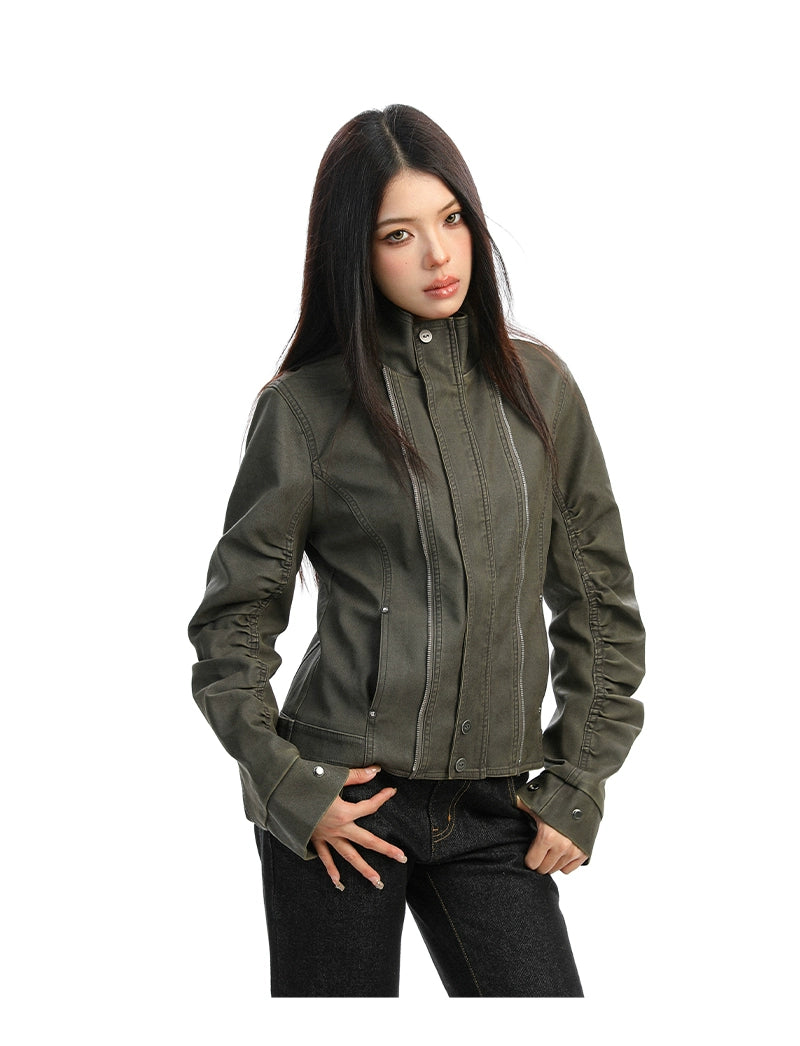 【25s Dec.】Washed Distressed Stand-up Collar Deconstructed Leather Jacket