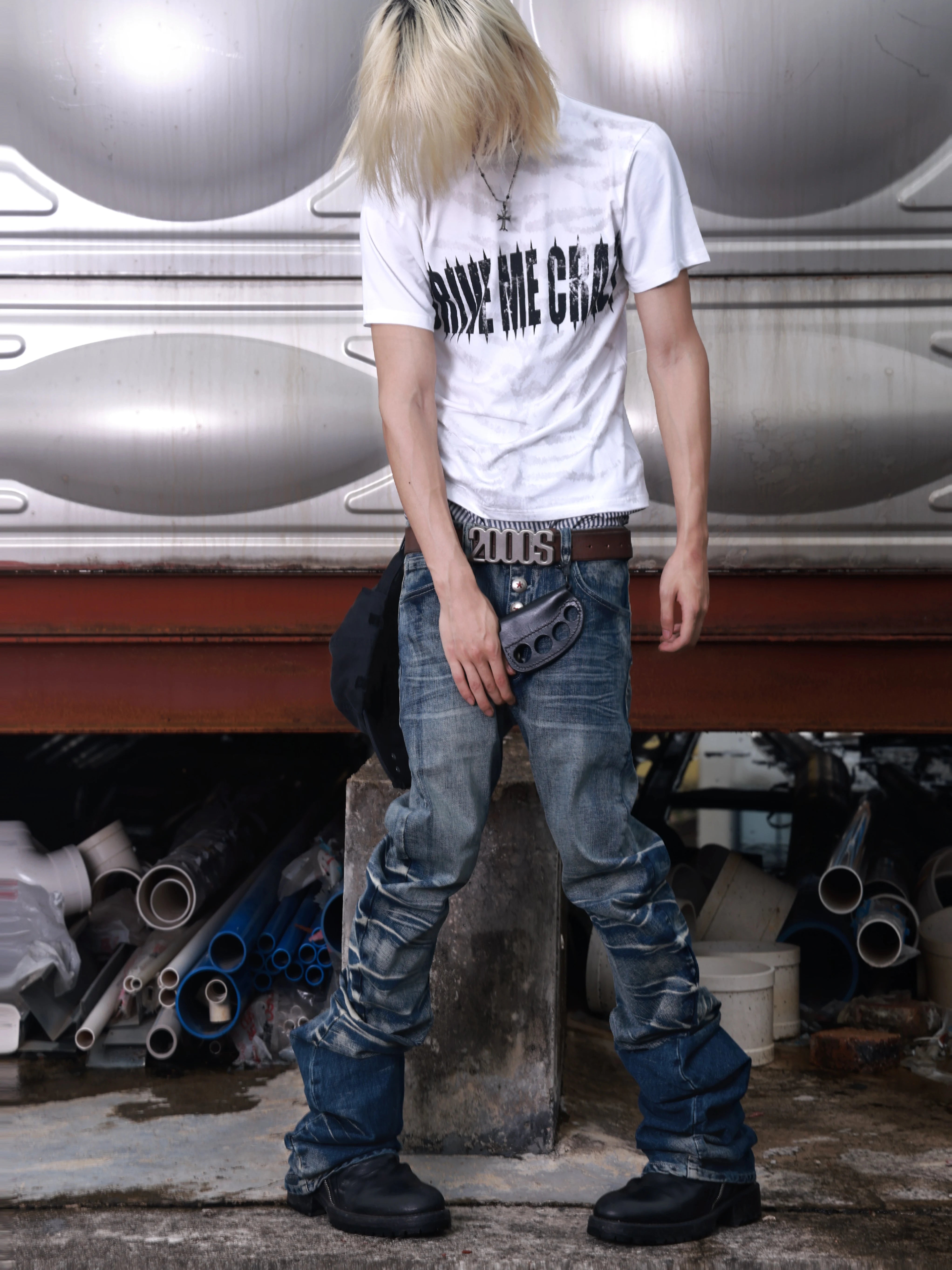 Ice Blue Cracked Washed Curved Denim Jeans