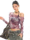 【25s Apr.】Tie-Dye Mesh Hot Diamond Letter Off-Shoulder T-Shirt