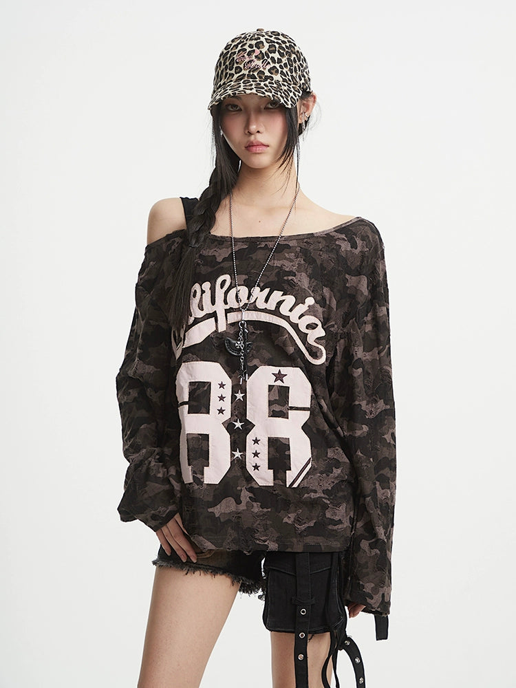 【25s Aug.】Camo Slanted Off-Shoulder Long Sleeve