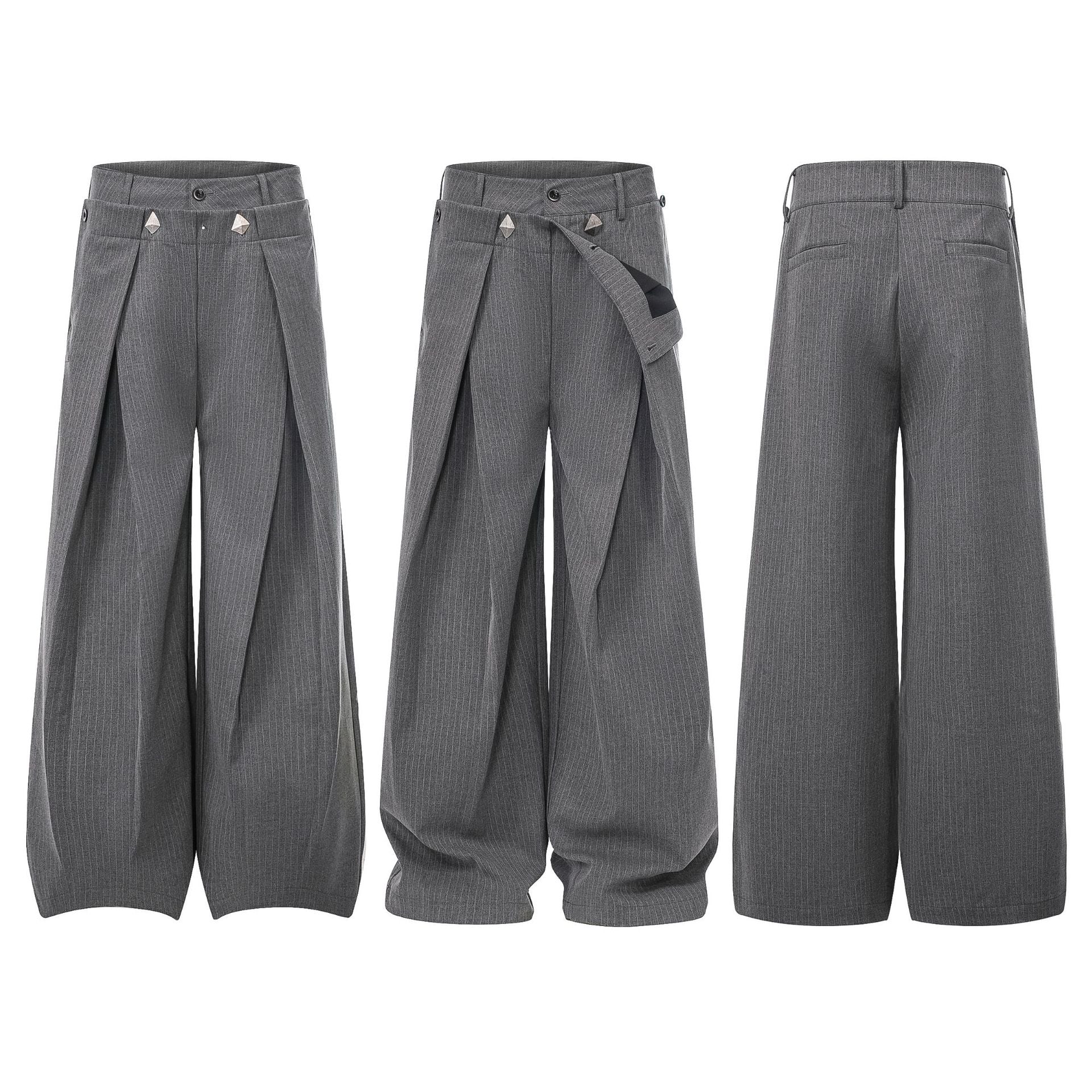Gray Stripe Pleated Wide Trousers