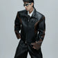 Embroidered Cropped Stand-up Collar Leather Jacket