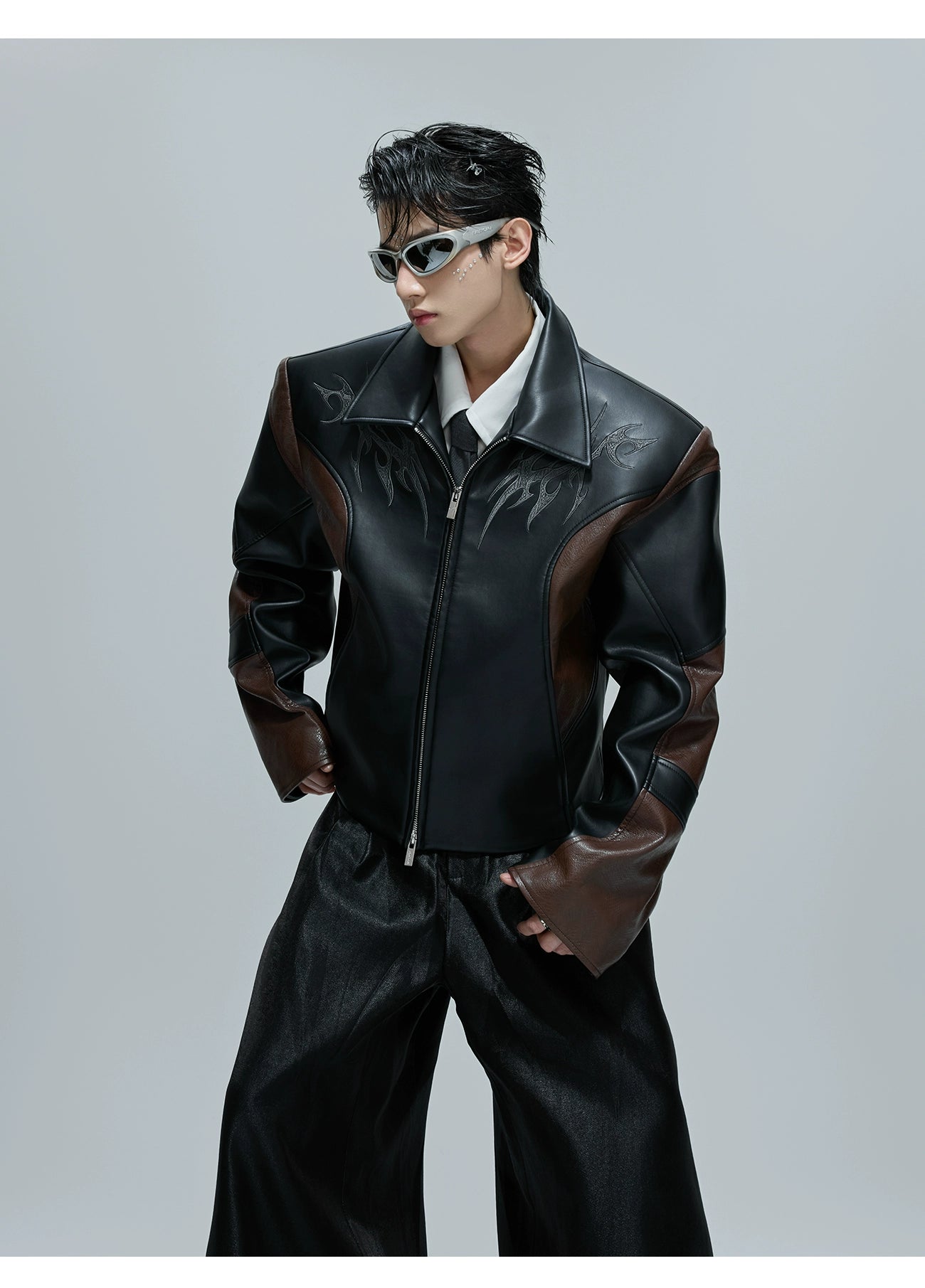 Embroidered Cropped Stand-up Collar Leather Jacket