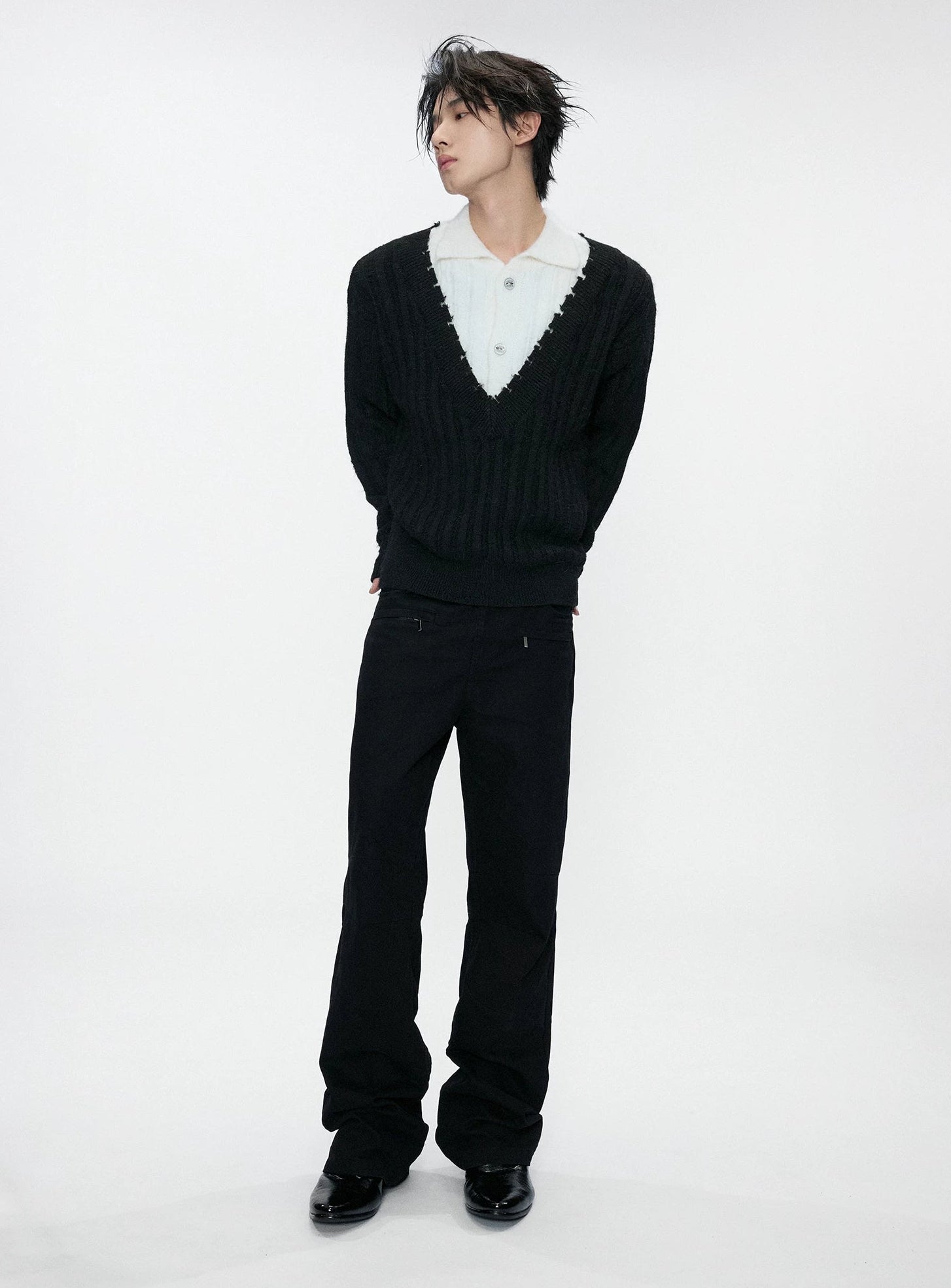 Double Collar Contrast Ribbed Wool Sweater